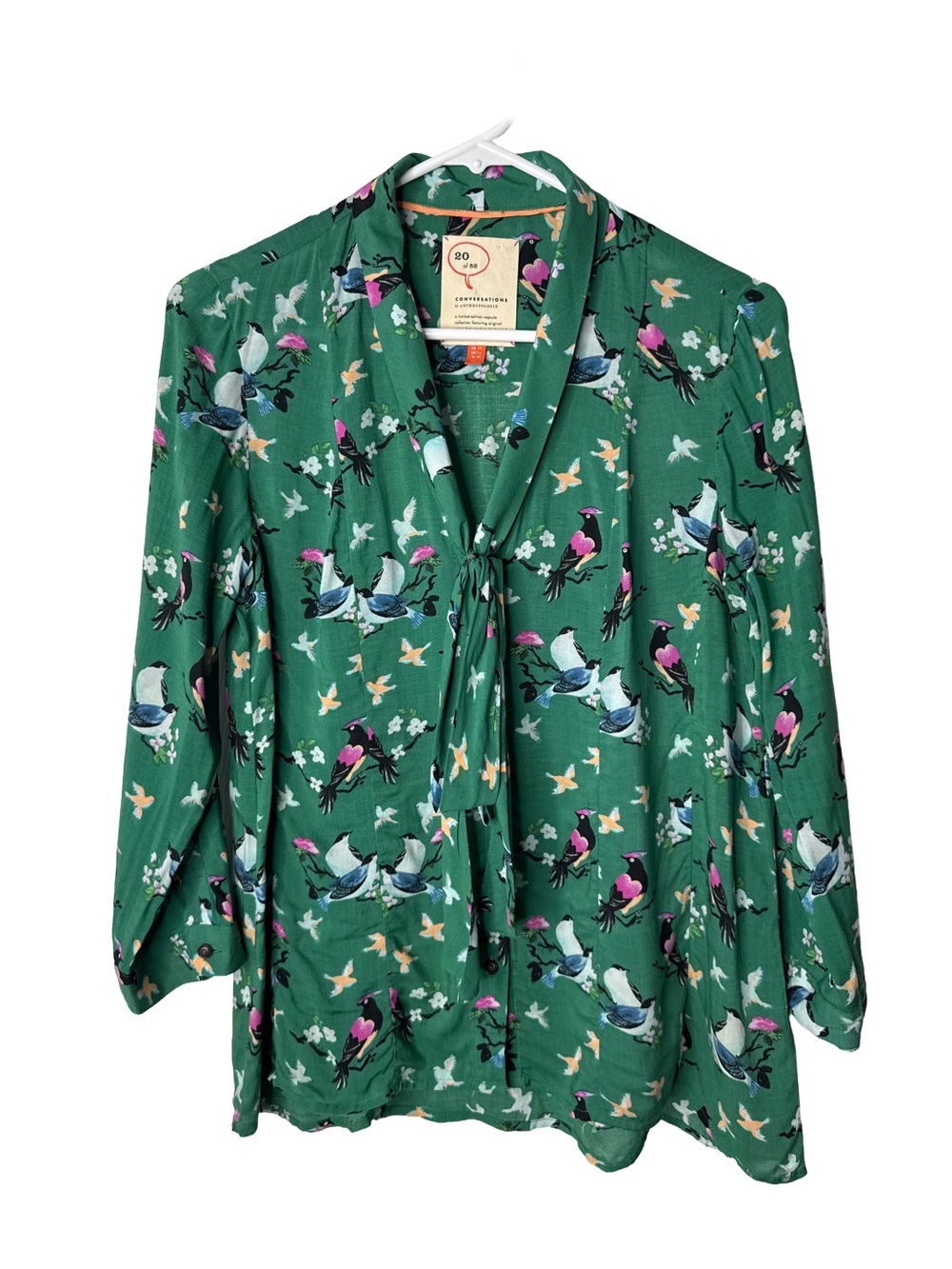 CONVERSATIONS by ANTHROPOLOGIE Coquette Green Floral Birds Button-Up Blouse Sz 2